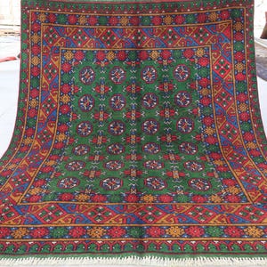 5x6 Green Afghan Rug Turkmen Tribal Bukhara Rug, Hand Knotted veg dyes Wool Oriental Rug, Traditional Area Rug, Bedroom Rug, Living Room Rug