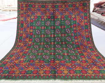 5x6 Green Afghan Rug Turkmen Tribal Bukhara Rug, Hand Knotted veg dyes Wool Oriental Rug, Traditional Area Rug, Bedroom Rug, Living Room Rug