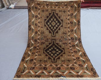1940s Antique Brown Rug 3x5 Afghan Geometric Rug, Low Pile Faded Rug, Handmade Wool Area Rug, Oriental Baluchi Rug, Kitchen Rug, Bedroom Rug