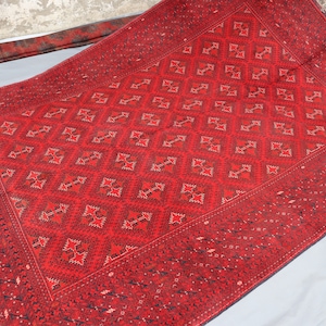 Vintage Turkmen Bokhara Rug, 7x10 ft Afghan Hand knotted Wool Area Rug, Red Tribal Rug, Handmade Antique Oriental Rug, Rugs for Living Room