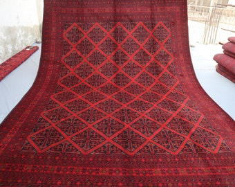 Large Vintage Rug, 8'2x11'6 Afghan Hand Knotted Wool Area Rug, Turkmen Tribal Bukhara Rug, Oriental Geometric Rug, Bedroom, Living Room Rug