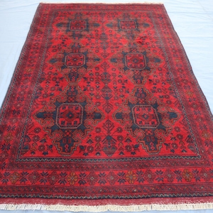 4&#39;2x6&#39;6 ft Zer Khaki design Vintage Khal Mohammedi Rug, Afghan Hand Knotted Wool Area Rug, Turkmen Bukhara Rug, Red Tribal Rug, Bedroom Rug