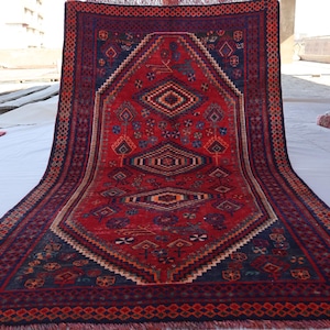 1920s Red Antique Rug 4x7 Geometric Caucasian rug, Handmade Wool Rug, Distressed Faded Rug, Oriental Afghan Vintage Rug, Office, Bedroom Rug