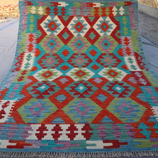 5x7 Modern Kilim Rug - Afghan Handmade Wool Natural dyes Rug, Geometric Design Flatweave Boho Turkish Area Rug, Bedroom, Living Room Carpet