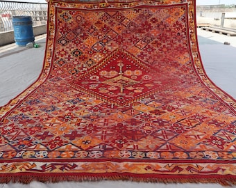 Collectors piece 6x9 ft Antique Caucasian Area Rug, Handmade Low pile Wool Geometric Red Rug, Afghan Vintage Oriental Rug, Living Room Rug