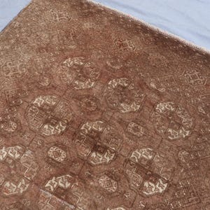 1920s Antique Brown Rug 4x7 ft Afghan Bukhara Rug, Low Pile Handmade Wool Rug, Oriental Faded Rug, Turkmen Tribal Area Rug for Living Room image 4