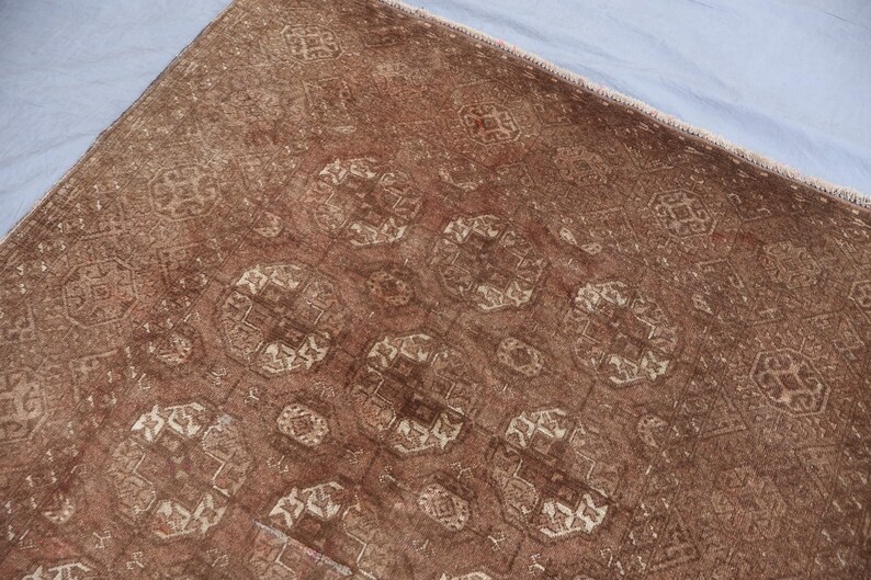 1920s Antique Brown Rug 4x7 ft Afghan Bukhara Rug, Low Pile Handmade Wool Rug, Oriental Faded Rug, Turkmen Tribal Area Rug for Living Room image 4