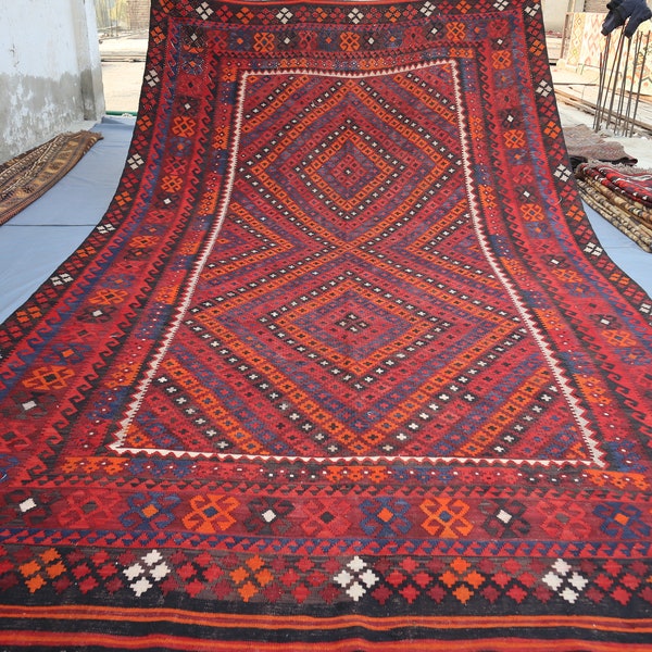 1960s Antique Kilim Rug 9x15 Afghan Vintage Large Area Rug, Handmade Wool Rug, Turkmen Flatweave Rug, Authentic Oriental Rug, Bedroom Rug