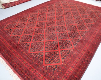 8'3x11'8 Large Afghan Rug, Red Afghan Hand Knotted Wool Area Rug, Vintage Tribal Khal Mohammadi Rug, Turkmen Oriental Rug, Living Room Rug