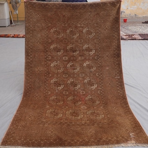 1920s Antique Brown Rug 4x7 ft Afghan Bukhara Rug, Low Pile Handmade Wool Rug, Oriental Faded Rug, Turkmen Tribal Area Rug for Living Room image 1