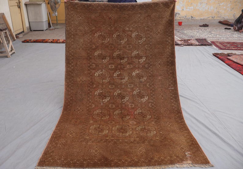 1920s Antique Brown Rug 4x7 ft Afghan Bukhara Rug, Low Pile Handmade Wool Rug, Oriental Faded Rug, Turkmen Tribal Area Rug for Living Room image 1