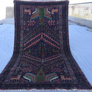 4x6 Antique Pictorial Rug, Collectors piece Afghan Tribal Nomadic Rug, Hand Knotted Wool Rug, Vintage Baluchi Geometric Rug, Kids room Rug