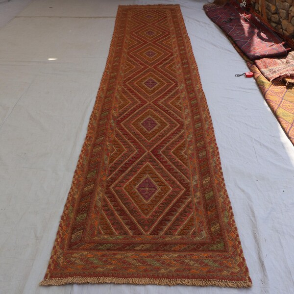 14 ft Vintage Runner Rug, Terracotta Geometric Rug, Afghan Wool Rug, Handmade Oriental Rug, Turkmen Tribal Mashwani Rug, Long Hallway Runner