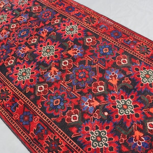 4x11 Wide Runner Rug, 3&#39;8x10&#39;8 Floral Afghan Hand Knotted Veg dyes Wool Antique Rug - Oriental Vintage Red Rug, Kitchen Rug - Hallway Runner
