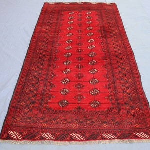 Antique Rug, 3&#39;8x6&#39;4 Ft Afghan Handmade Wool Rug, Tribal Turkmen Tekke Bukhara Carpet, Vintage Oriental Rug, Living Room Rug Red Bedroom Rug