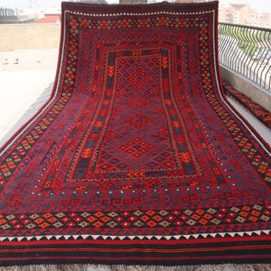 8x15 Vintage Rug Red Navy Blue 1960s Antique faded Wool Rug Handmade Afghan Flatweave Kilim Boho Rug, Oriental Rug for Living Room, Bedroom