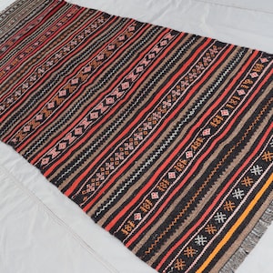 Striped Kilim Rug 3&#39;7x8&#39;9 ft Antique Soumak Rug, Afghan Handmade Rug, Turkmen Tribal Boho Carpet, Flatweave Kilim Rug, Bedroom, Kitchen Rug
