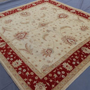 7&#39;8x8&#39;3 ft Beige Square Rug, Afghan Handmade Wool Rug, Floral Oushak design Oriental Turkmen Rug, Dining Table Carpet, Rugs for living Room