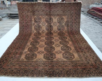 8x11 Terracotta Vintage faded Hand Knotted low Pile wool rug, Tribal Geometric Caucasian Bukhara Rug, Oriental Antique Rug, Living Room Rug