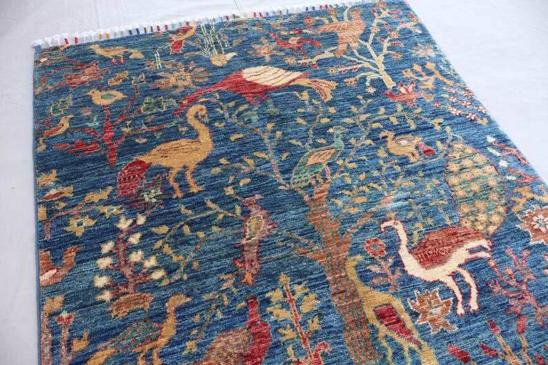 3x5 Blue Afghan Pictorial Rug Tree of Life Hand Knotted Veg Dye Wool