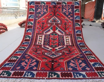 Collectors piece 4'5x7 ft Turkish Heriz design Caucasian Rug, Fine Handmade Wool Rug, Afghan Pictorial Vintage Red Rug, Kitchen Area Rug 5x7