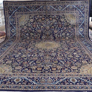 1960s Antique Rug 10x14 Large Area Rug Stunning One of a kind Rug, Soft Pile Handmade Wool Rug, Navy Blue Oriental Rug - Rug for living room