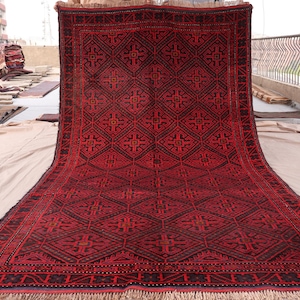5x9 Vintage Rug, Afghan Geometric Rug, High Pile Wool Rug, Baluchi Handmade Rug, Oriental Rust Red Antique Rug, Kitchen Rug, Living Room Rug