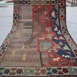 Collectors piece 3&#39;6x5&#39;3 ft One of a kind Pictorial Art deco Rug, Afghan Handmade Wool Area rug, Tribal Vintage Baluchi Rug, Kids Room Rug
