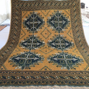 1920s Antique 6&#39;6x9&#39;1 Terracotta Vintage faded Afghan Hand Knotted wool area rug, Turkmen Tribal Bukhara Rug, Oriental Rug, Living Room Rug