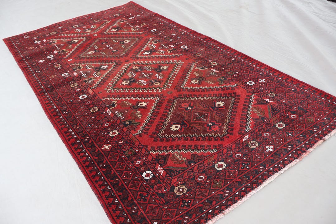 Red Antique Rug 3'2x6' Caucasian Design Vintage Rug, Afghan Geometric ...
