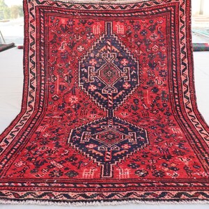 4x5 Vintage Rug, 3&#39;7x5 ft Red Antique Caucasian design Afghan Geometric Rug, Oriental Area rug, Handmade veg dyes Wool rug, Living room Rug