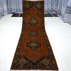 Antikmönster 3x10 orange löparmatta - Afghansk handgjord ullmatta i tribalstil - Turkmensk kaukasisk matta, lång hallmatta, köksmatta