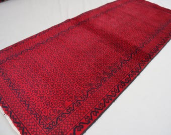 Alfombra de pasillo corta de 2'7 x 6'3 pies, alfombra de pasillo baluchi de lana hecha a mano tribal turcomana vintage, alfombra roja oriental afgana vintage, alfombra de pasillo