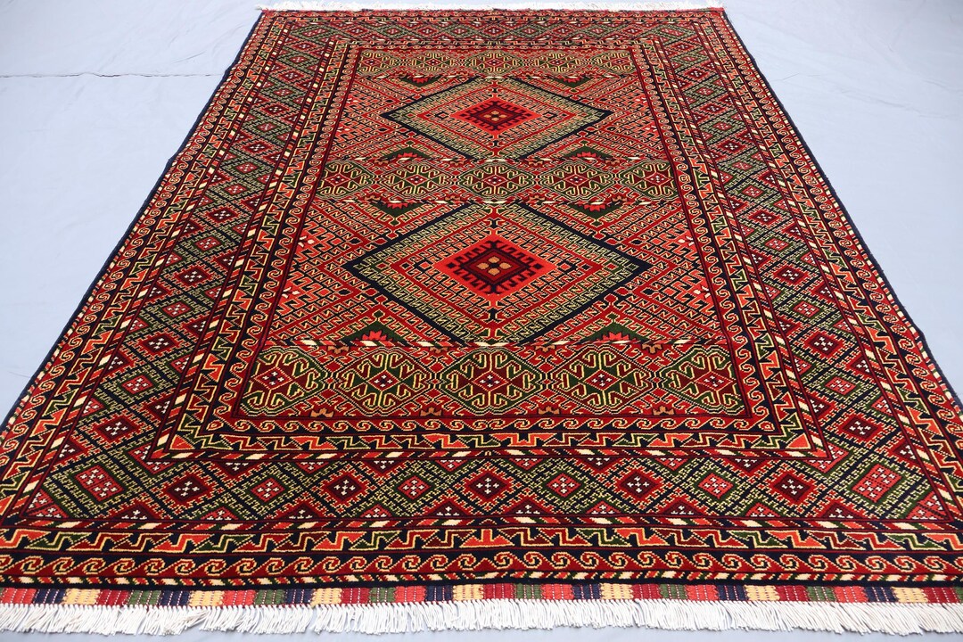 5x7 One of a Kind Afghan Geometric Rug, Hand Knotted Wool Rug, Turkish ...