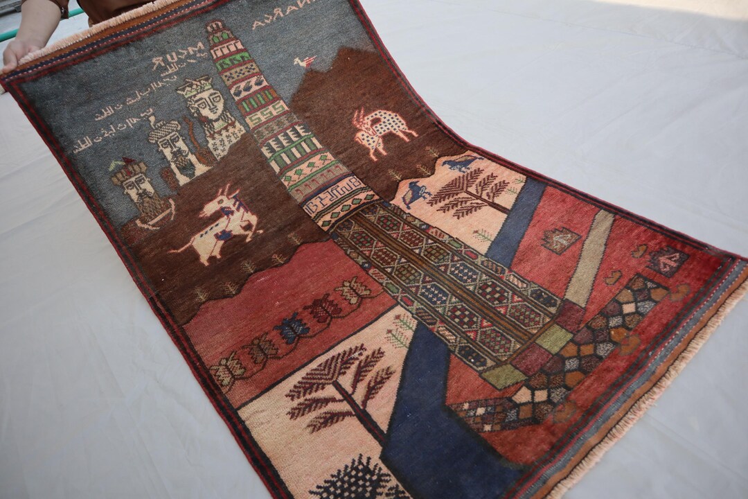 3x5 Ft Afghan Art Pictorial Area Rug, Rust Red Vintage Handmade Wool ...