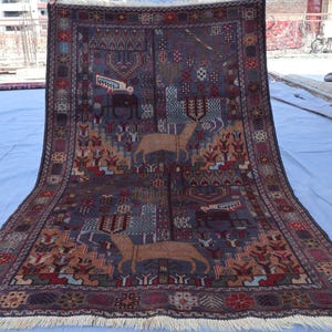 Collectors piece 3&#39;9x6&#39;5 ft One of a kind Art Handmade Wool Rug, Afghan Tribal Baluchi Vintage Rug, Animal Birds Home decor, Kids Room Rug