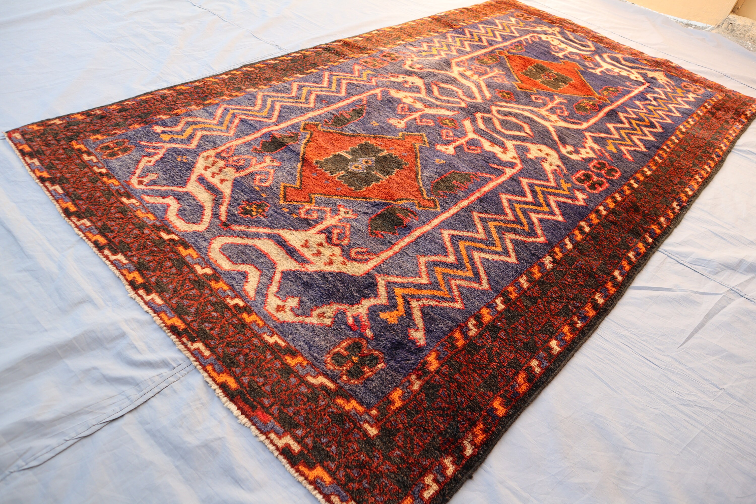 4 x 7 フィート ネイビー レッド ヴィンテージ ラグ アフガニスタン