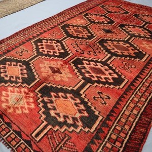 4&#39;7x7&#39;1 ft Antique Caucasian Rug, Afghan Vintage Geometric Rug, Handmade Wool Low Pile Distressed Faded Rug, Oriental Red Rug, Bedroom Rug
