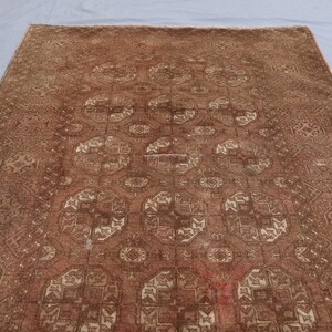 1920s Antique Brown Rug 4x7 ft Afghan Bukhara Rug, Low Pile Handmade Wool Rug, Oriental Faded Rug, Turkmen Tribal Area Rug for Living Room image 5