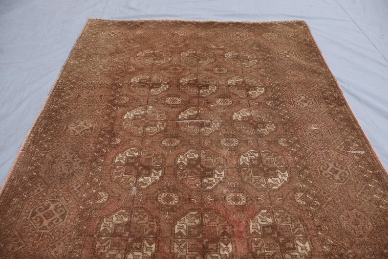 1920s Antique Brown Rug 4x7 ft Afghan Bukhara Rug, Low Pile Handmade Wool Rug, Oriental Faded Rug, Turkmen Tribal Area Rug for Living Room image 5