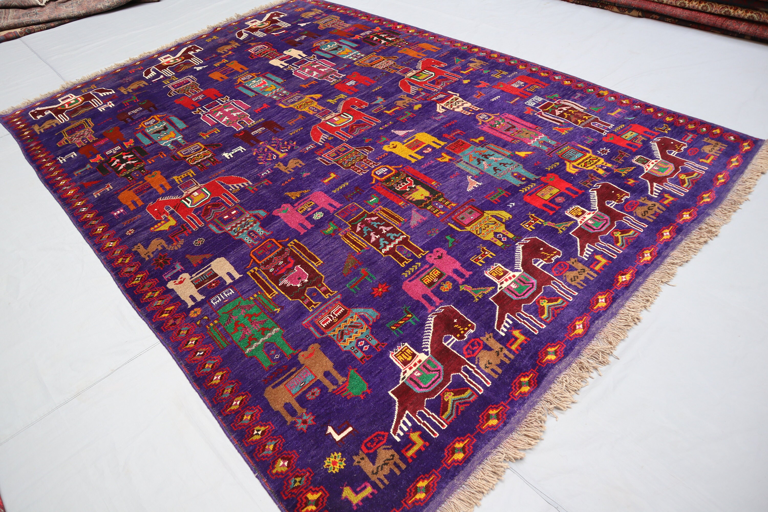 7x10 Navy Blue Afghan Vintage Pictorial Rug, Baluch Handmade