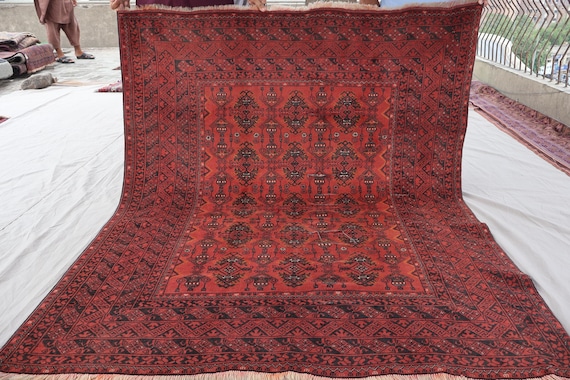1960s Antique Rug 5x6 Afghan Handmade Vintage Low pile Wool Rug, Geometric Caucasian design Bukhara Rust Red Rug, Kitchen Rug, Bedroom Rug
