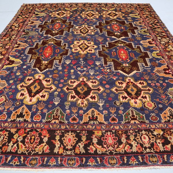 7x9 ft Navy Blue Vintage Geometric Baluchi Rug, 6'7x8'7 ft Afghan Handmade veg dyes Wool Rug, Oriental Area Rug, Caucasian Style Old Art Rug