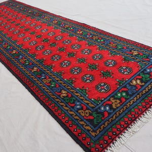 2&#39;7x9&#39;3 ft Red Runner rug, Afghan Traditional Hand Knotted veg dyes Plush Wool Rug, Oriental Turkmen Rug, Hallway Runner Rug, Kitchen Runner