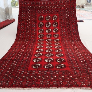 3&#39;5x6&#39;4 ft Antique Mowri Bukhara Area Rug, Afghan Handmade Soft Pile Wool Rug, Turkmen Tribal Vintage Rug, Oriental Red Carpet, Kitchen Rug