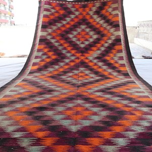 Alfombra Kilim antigua de 6 x 14 pulgadas, color marrón, naranja y morado, hecha a mano, de lana, de tejido plano, alfombra Kilim, auténtica alfombra tribal turcomana oriental, pasillo ancho