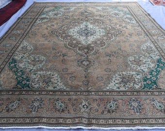 10x13 Terracotta Antique Rug Turkish Heriz Hand knotted Wool Oriental Rug, Low pile Faded Vintage Rug, Floral Medallion Rug, Living Room Rug