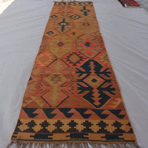 Alfombra antigua de terracota de 3x11, alfombra afgana de lana hecha a mano, alfombra kilim geométrica, alfombra vintage desgastada, alfombra oriental, alfombra de pasillo
