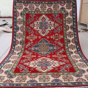 4x6 Kazak Area rug, Red Afghan Caucasian style Natural Veg dyes Hand knotted Wool Rug for Living room, Bedroom rug, Office Rug, Oriental Rug