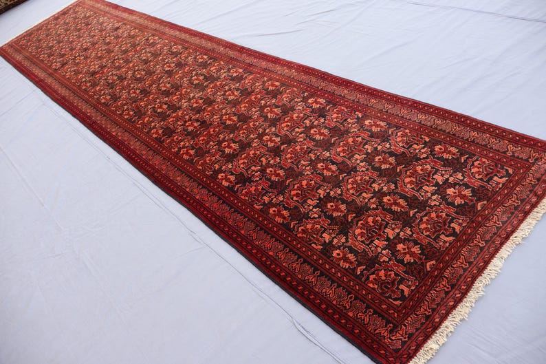 12 Ft Runner Rug, Floral Design Vintage Rug, Turkmen Tribal Rug